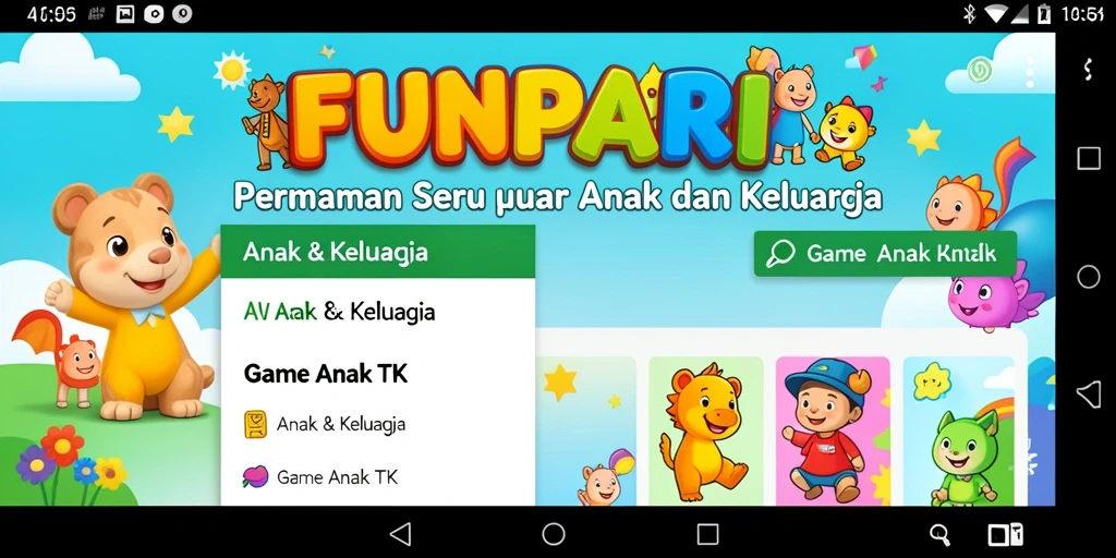 Screenshot aplikasi FUNPARI yang menunjukkan permainan edukatif untuk anak-anak.