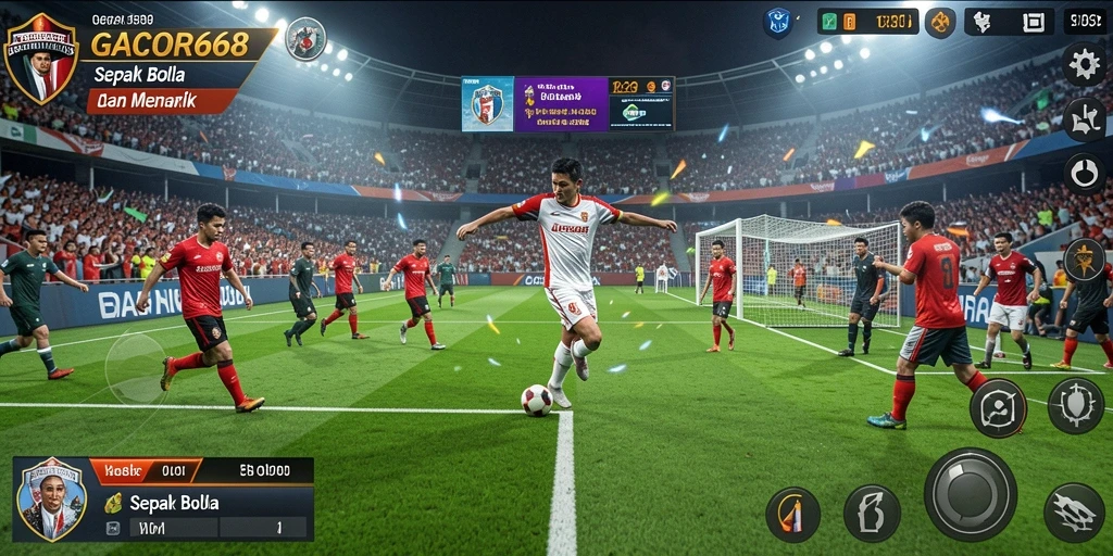 Antarmuka GACOR668 dengan pemain dan lapangan sepak bola yang realistis.