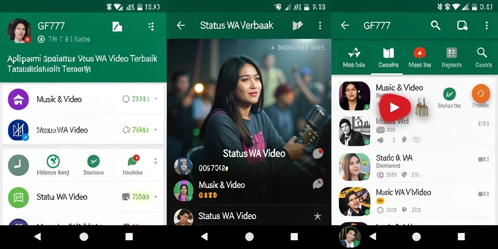 Antarmuka GF777 menampilkan koleksi video Status WA yang menarik.
