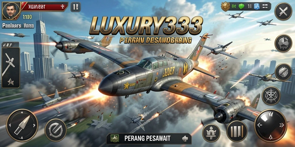 Antarmuka game LUXURY333 dengan pesawat tempur yang beraksi.